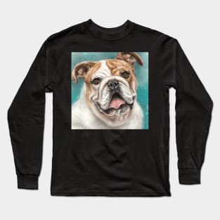 Painting of a White and Brown Bulldog With Its Tongue Out on Blue Background Long Sleeve T-Shirt